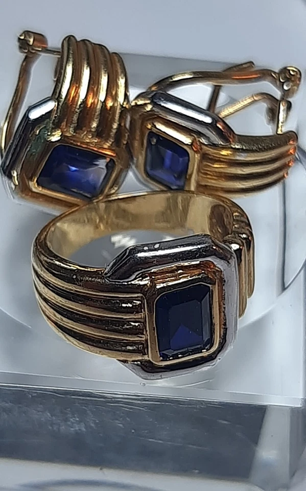 Parure Anello e orecchini zaffiro argento vermeil francia 1950s - Immagine 1 di 4