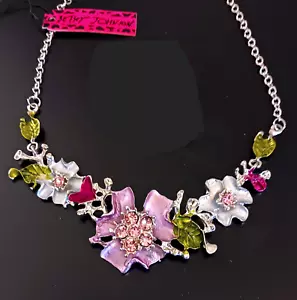 * Bouquet Pink FLOWER GARDEN Floral Rhinestone Betsey Johnson NECKLACE - Picture 1 of 3