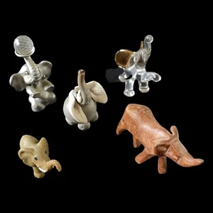 Vintage Elephant Lot Mini Figurines 5 Mixed Glass Rubber Pewter Wood Clay - Picture 1 of 8