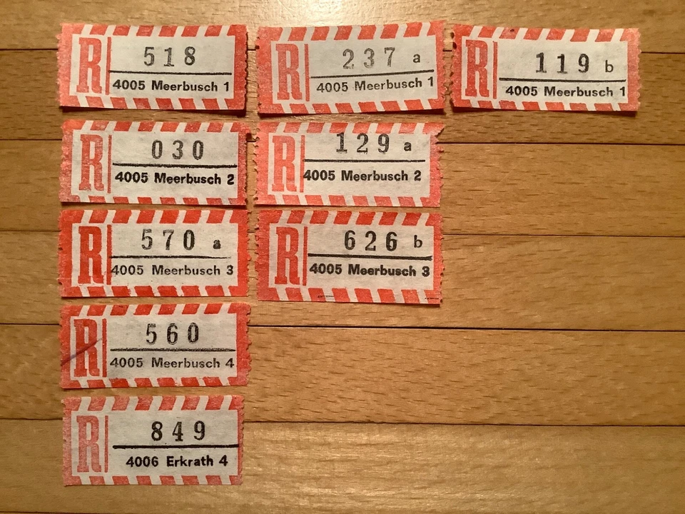 9x Einschreibezettel 4005 Meerbusch 1-4 /4006 Erkrath 4 - Bild 1 von 1