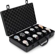 Watch Case Aluminum for 12 Watches Collectors Briefcase Black with Handle