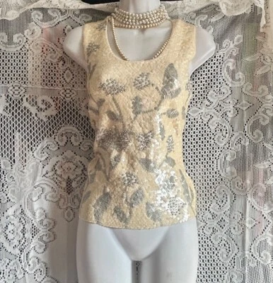 Top de lentejuelas crema vintage años 60 noche cóctel pequeño Foto 1 de 4