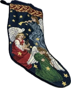 Vintage Needlepoint Stocking Three Angels Christmas Navy Blue Velvet Back - Picture 1 of 6
