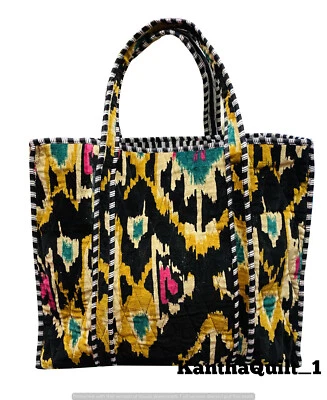Indian Black Ikat Print Velvet Quilted Shoulder Bag Women's Beach Velvet Handbag - Image 1 of 4