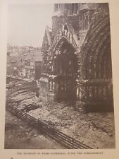 World War One ANTIQUE PRINT WWI exterior of Reims cathedral after bombardment