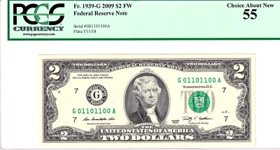 2009 $2 FRN 0/1 TRUE BINARY PCGS Choice About New 55 #G01101100A - Image 1 of 2