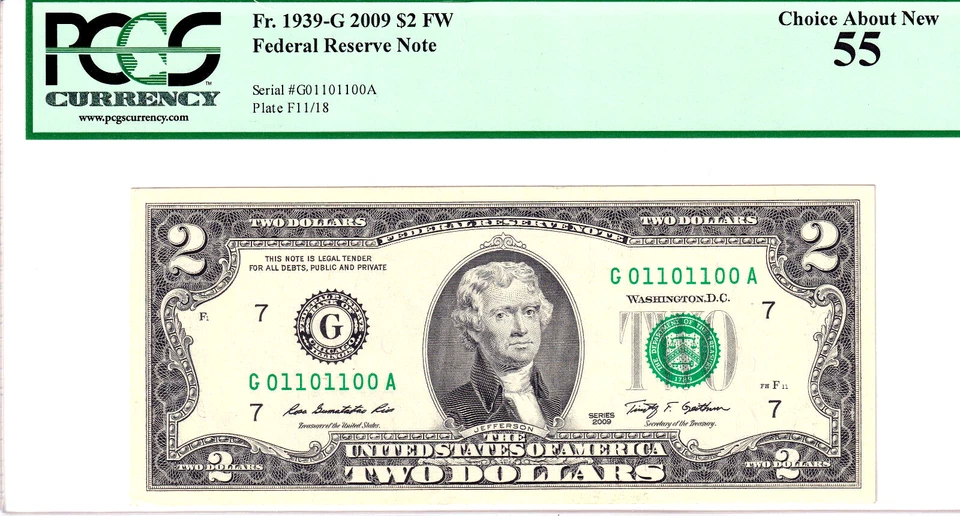 2009 $2 FRN 0/1 TRUE BINARY PCGS Choice About New 55 #G01101100A - Image 1 of 2