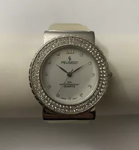 Peugeot Watch 332 Women Silver Tone White Dial Diamond Bezel WORKING!🆓🇺🇸🚢 - Picture 1 of 11