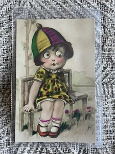 NOVELTY EYED Vintage Postcard Girl On Bench - Picture 1 of 2