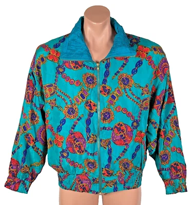 Vtg 90s Lavon 100% Silk Hip Hop Cc Chains Bomber all over print jacket M BRIGHT - Image 1 of 4