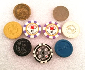 9 Casino Chips, Poker Chips & Tokens - Metal, Clay and Plastic - Bailly, Hilton - Picture 1 of 6