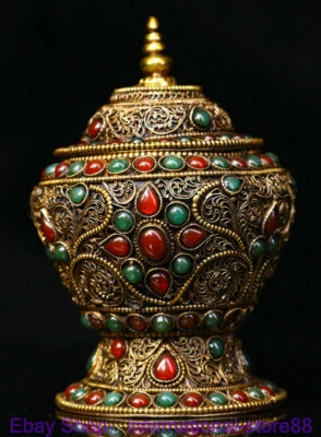 4,8-дюймовая редкая старая тибетская филигранная инкрустация драгоценные камни буддизм цветок Будда бак банка - Изображение 1 из 4