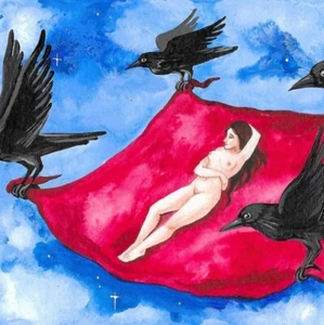 4x4 HALLOWEEN PRINT OF PAINTING WITCH RAVEN CROW MAGIC AUTUMN ART Fall Gothic - Picture 1 of 1