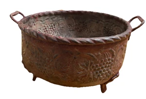 Fioriera artigianale in ottone piedini/manici trecce in rilievo patina rosso scuro - Foto 1 di 10