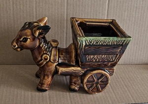 MCM glasierte Keramik Esel mit Wagen Übertopf Vintage Dekor braun - Bild 1 von 9