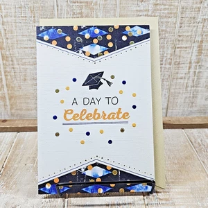 Punze Abschluss Grußkarte 5x7 Kappe blau gold gepunktet feiern - Bild 1 von 10