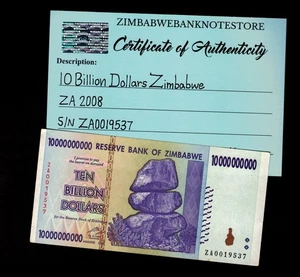 Billete de repuesto de 10.000 millones de dólares de Zimbabue 2008 certificado de autenticidad auténtico ZA0019537 - Imagen 1 de 3