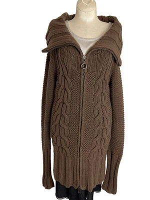 Vtg Y2K Guess Jeans Authentic Brown Chunky Cable Knit Zip Sweater Ring Pull M - Image 1 of 4