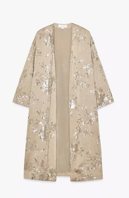 Zara Sequin Floral Satin Kimono Coat Beige Silver Size XS-S 3162/850 New - Image 1 of 3
