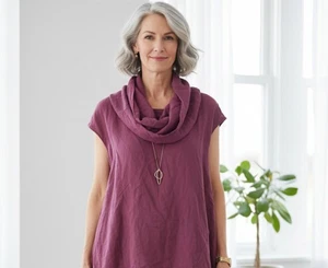 Bryn Walker Tunika Shirt Damen L lila Leinen Wasserfallausschnitt asymmetrischer Saum USA 298 - Bild 1 von 8