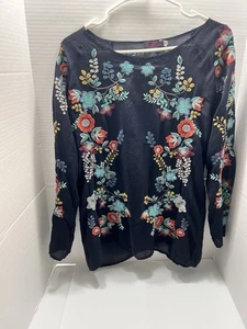 Johnny Was Tunic Shirt Womens Med Embroidered Cupra Rayon  Kikimu Black Boho - Picture 1 of 16