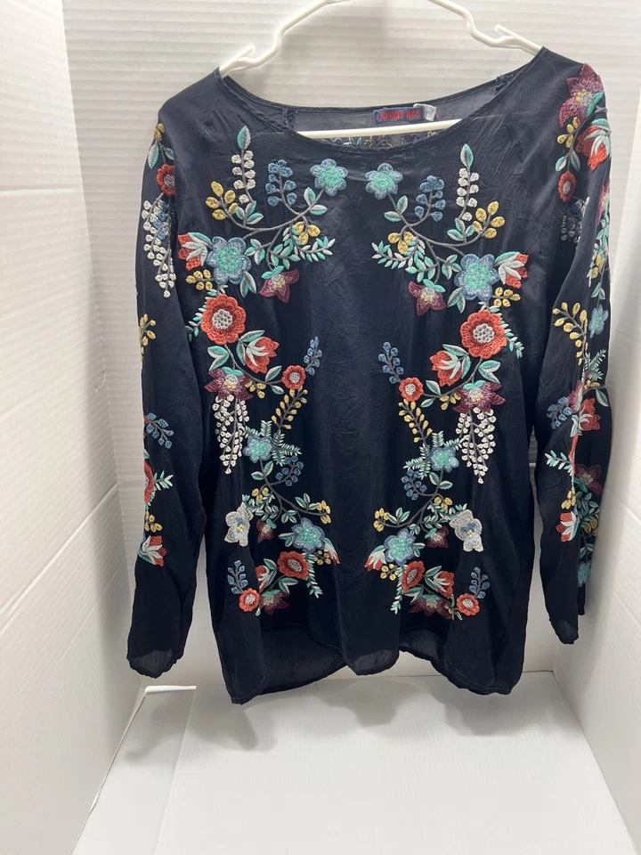 Johnny Was Tunic Shirt Womens Med Embroidered Cupra Rayon  Kikimu Black Boho - Image 1 of 4