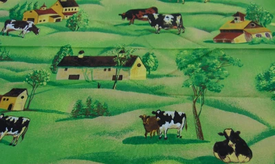 Tela de algodón tierras de cultivo, graneros, iglesias, vacas impresión por todas partes 1 yarda x 44" Foto 1 de 4