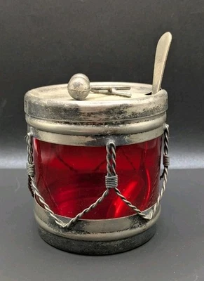 Cuenco de azúcar o mermelada roja MCM vintage con tapa y cuchara plateado Leonard England Foto 1 de 4