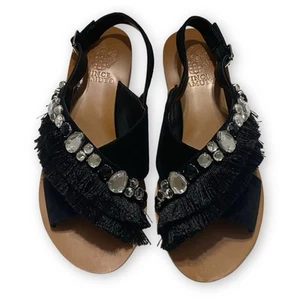 Vince Camuto Ampella Talla 7M Piedras Preciosas Flecos Cuero Negro Gamuza Eslinga Trasera - Imagen 1 de 10