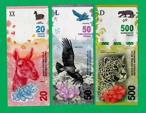 Argentina 20-50-500 Pesos (3 Pcs Set) P-New -llama Condor Yaguarete UNCIRCULATED - Picture 1 of 2