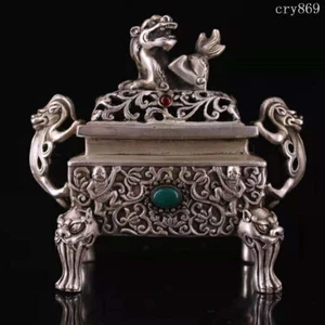6”collection old antique Tibet Pure copper Inlaid with gems Lion cover furnace - Picture 1 of 9