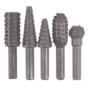 5Pc ROTARY BURR SET Wood Carving File Rasp Power Drill Bits Cone Ball Oval 1/4" - Picture 1 of 3