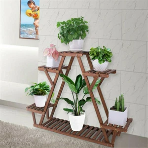 Free Standing 6 Tier Triangular Wood Flower Stand Plant Shelf Pot Display Rack - Picture 1 of 12