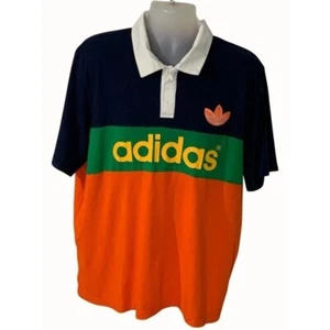 Vintage Adidas Rugby Shirt 2XL Navy Orange Green Stripes Retro Sportswear Mens - Picture 1 of 7