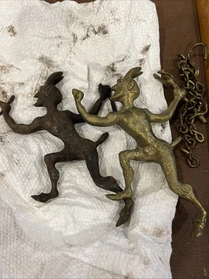 Antique Pair Brass Satyr Devil Damper Fireplace Flue Pull Vintage READ - Image 1 of 4