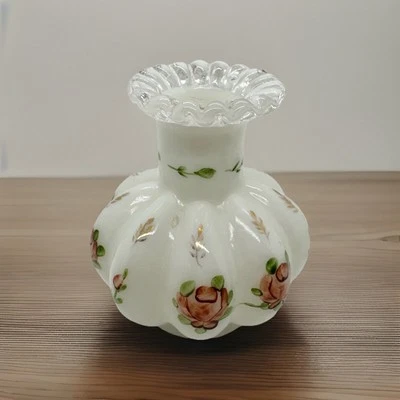 Fenton Charleton Rose Milk Glass Melon Ribbon Silver Crest Candleholder Or Vase - Image 1 of 4