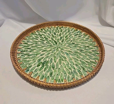 Nueva Bandeja Redonda de Ratán con Incrustación de Madreperla, Bandeja de Mesa de Centro Boho Decoración Foto 1 de 4