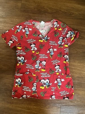 DISNEY MICKEY MOUSE MINNIE CHRISTMAS MEET ME UNDER MISTLETOE SCRUB TOP XS - Image 1 of 4
