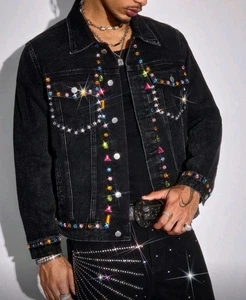Neu Herren Luxus Diamant Strass Denim Schwarz Blau Jeans Jacke Hochwertig - Bild 1 von 17