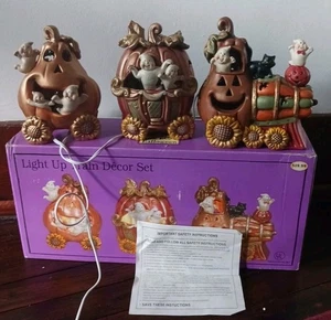 Vtg Halloween Light Up Train Ceramic Ghost Cat Jackolantern Heavy Original Box - Picture 1 of 19