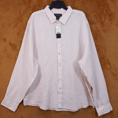 BLOOMINGDALES Shirt Mens XXL Peach Pink Stripe Button Up Long Sleeve 100% Linen - Image 1 of 4
