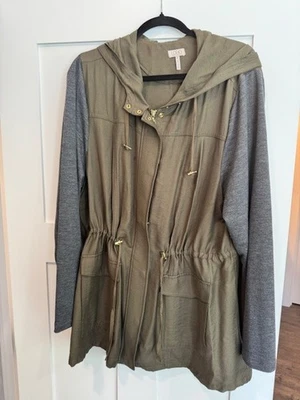 LOGO by Lori Goldstein Twill Anorak Jacket French Terry Sleeves OLIVE/GRAY Sz XL - Image 1 of 4