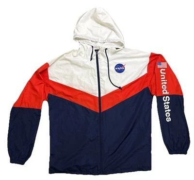 NASA Neon Riot Pullover Pocket Windbreaker Jacket Men's Red Blue White Sz L - Image 1 of 4