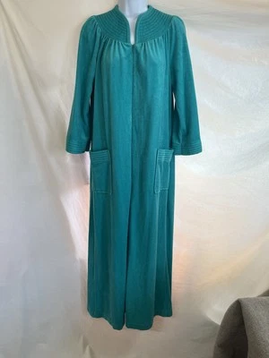Bata de terciopelo vintage S verde aguamarina abrigo vestido salón maxi bolsillos retro Foto 1 de 4