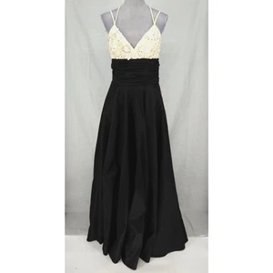 JS Collections Gown Womens 8 Black Ivory Beaded Ruched Lined Strappy Dress New - Picture 1 of 18