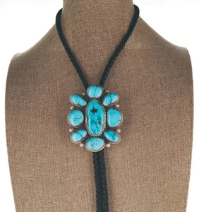 Natural Lone Mountain Turquoise Cluster Bolo Tie By Navajo Artist Lucinda Linkin - Picture 1 of 5