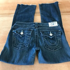 True Religion Boot Cut Jeans Women 29 Blue Low Rise Rhinestone Flap Pocket - Picture 1 of 14