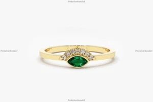 Natürlicher Smaragd Diamant zierlicher Band Ehering 14k Gelbgold feiner Schmuck - Bild 1 von 7