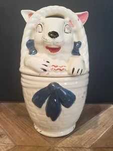 Tarro de galletas de Pascua vintage de cerámica de bisque americano conejito conejo en una cesta - Imagen 1 de 9