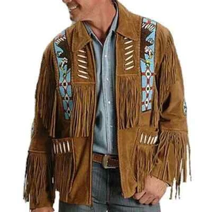 Men's Genuine Suede Leather Western Fringe Jacket | Beaded Cowboy Coat | Native - Picture 1 of 7